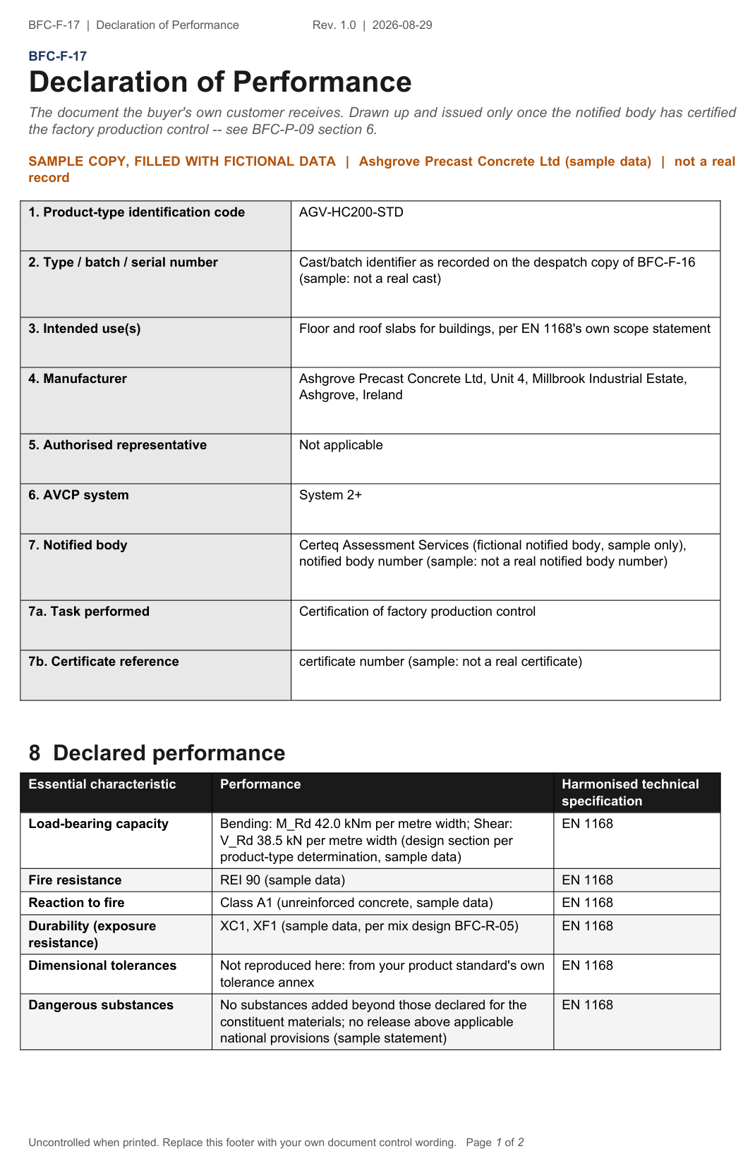 Declaration of Performance, filled sample