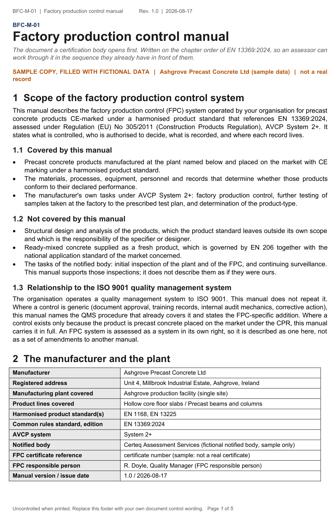 First page of the FPC manual, filled sample