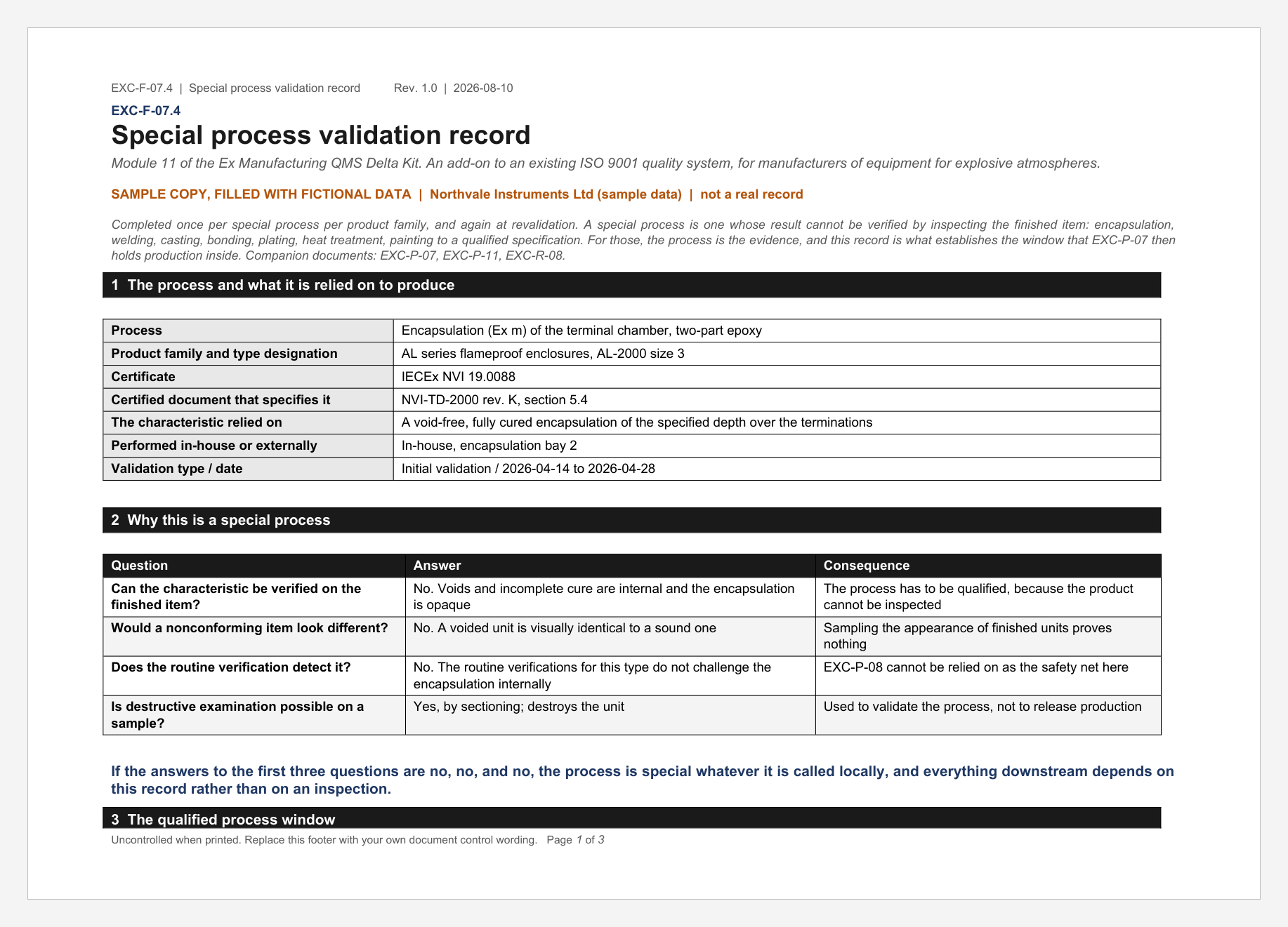 Filled special-process validation record